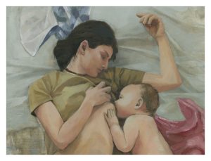mother nursing baby in bed peacefully