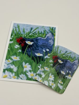 Illustrative hen print with matching sticker