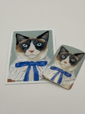 Illustration of car with blue bow print and matching sticker