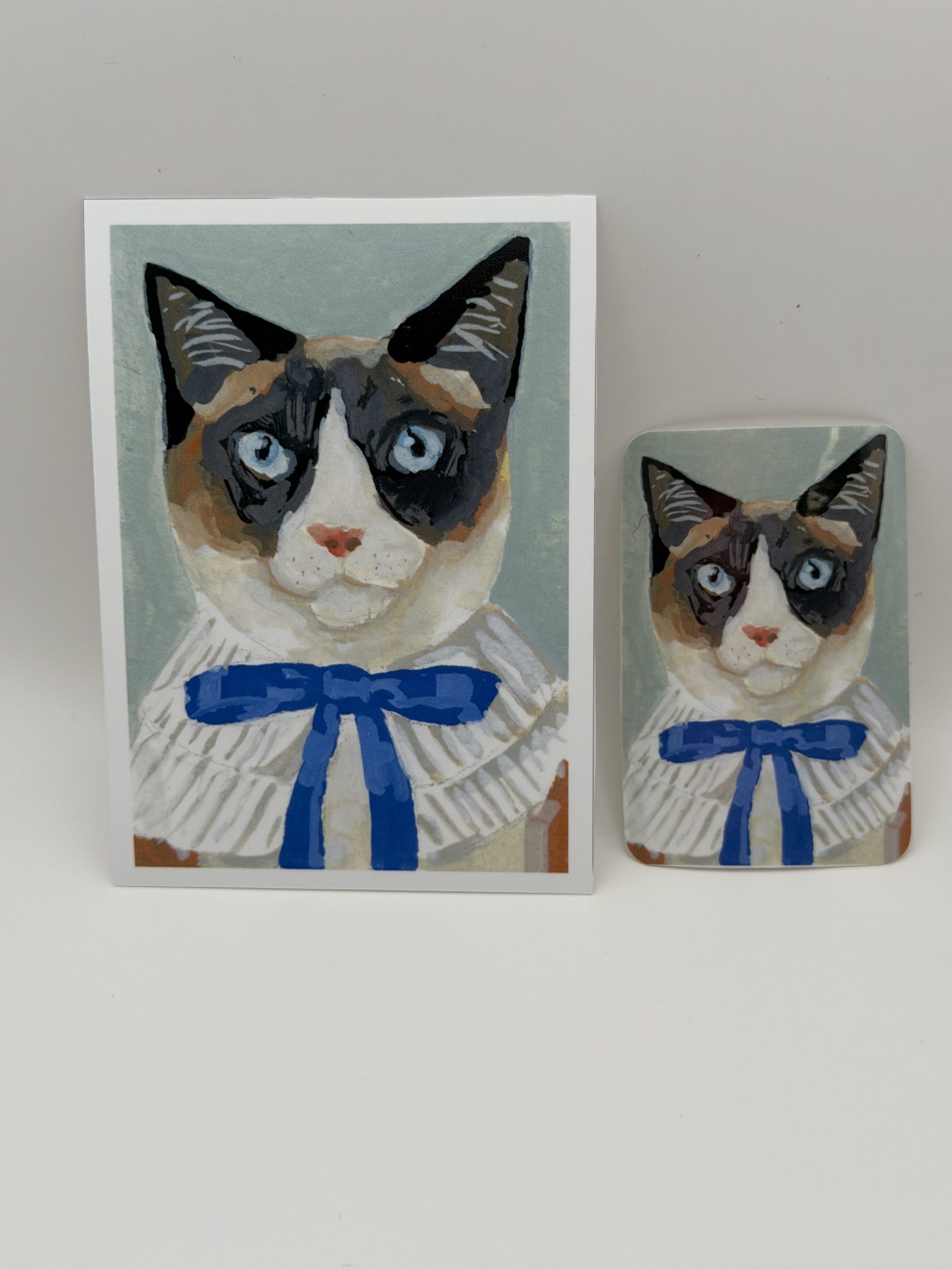 ACEO tiny art PRINT and vinyl sticker illustrative cat- “Cat with the blue bow” - Image 2