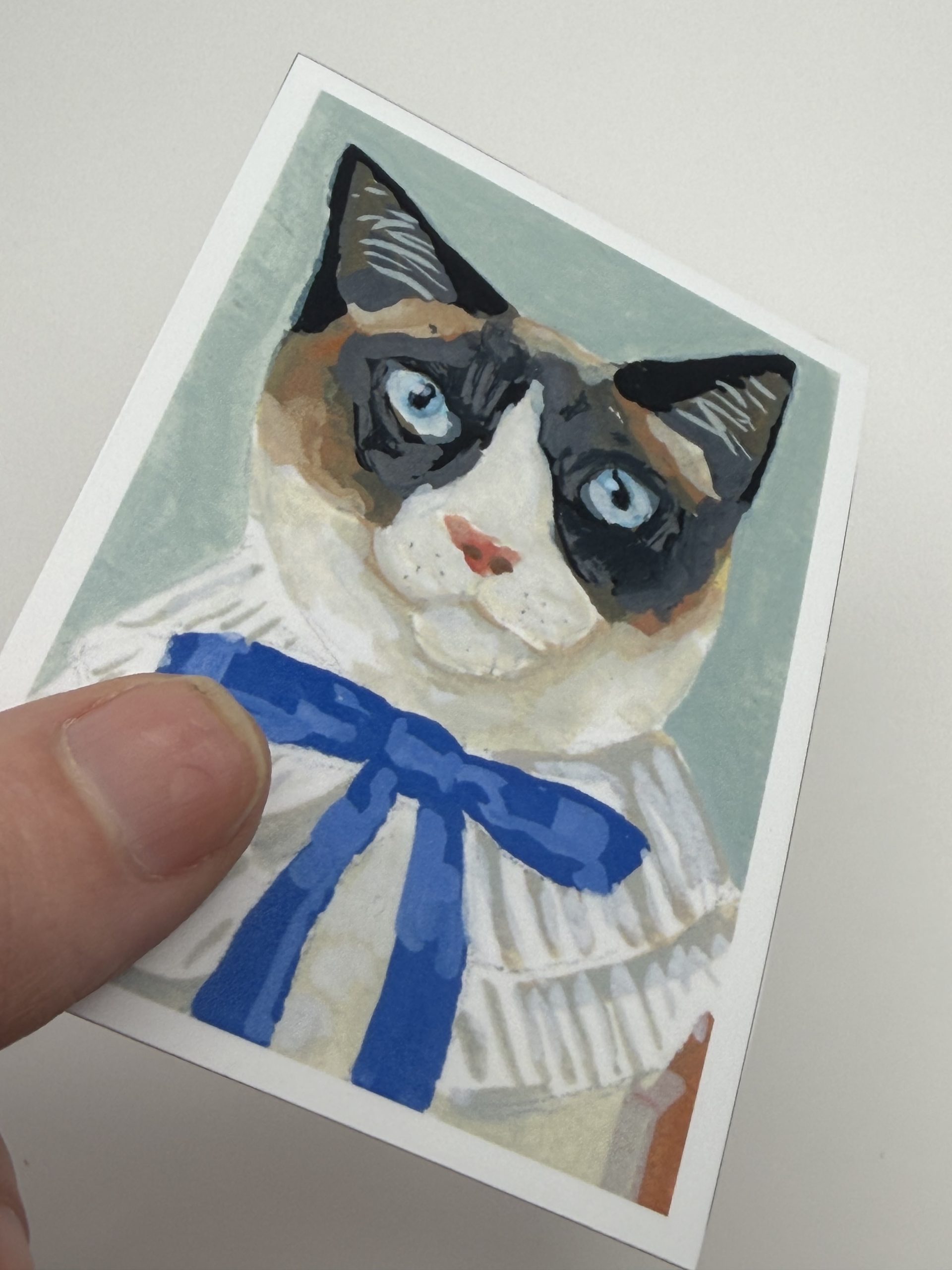 ACEO tiny art PRINT and vinyl sticker illustrative cat- “Cat with the blue bow” - Image 3