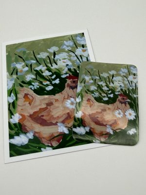 Daisy and chickens illustration on small print and matching sticker